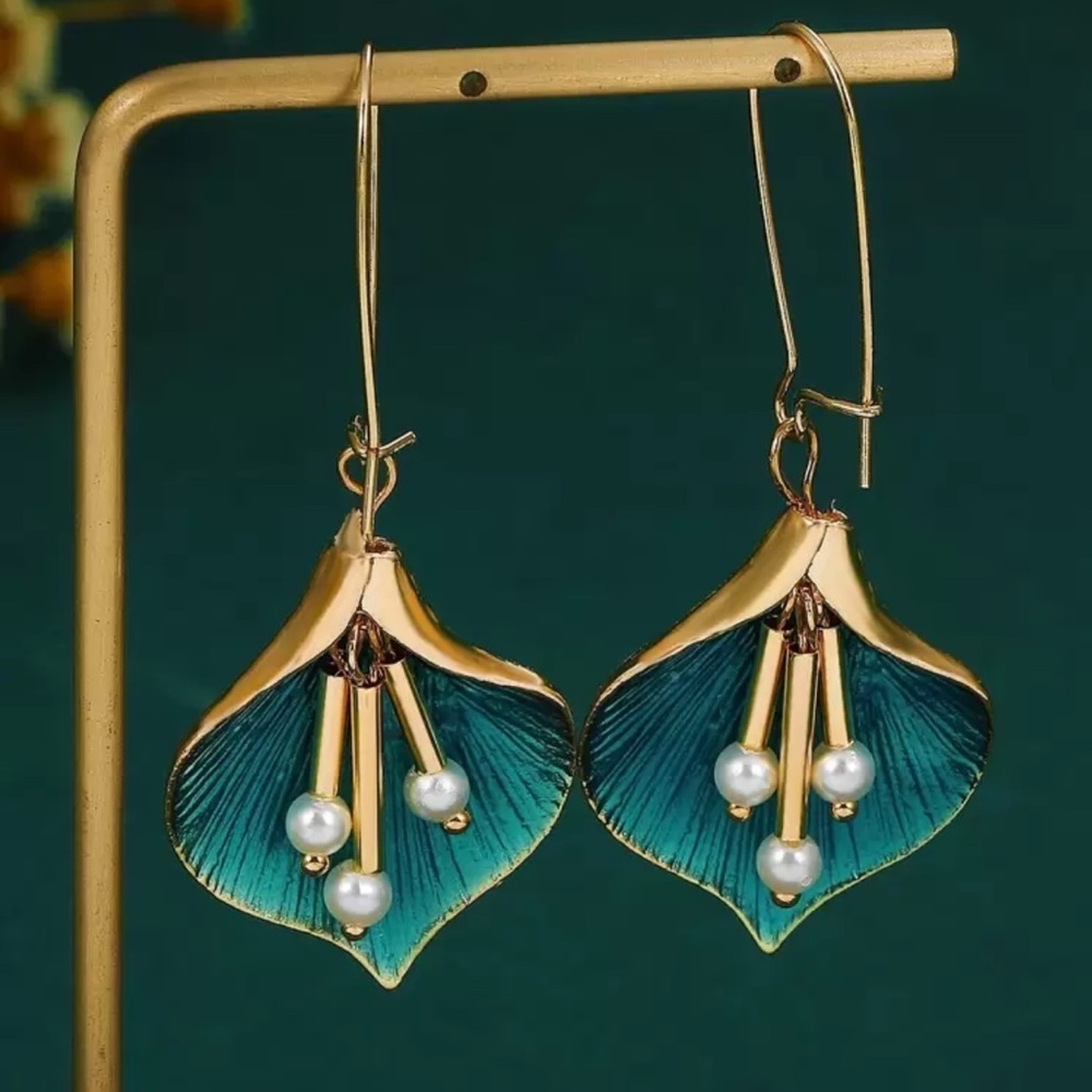 Anthropologie Gold Teal Leaf Earrings - Picture 1 of 5